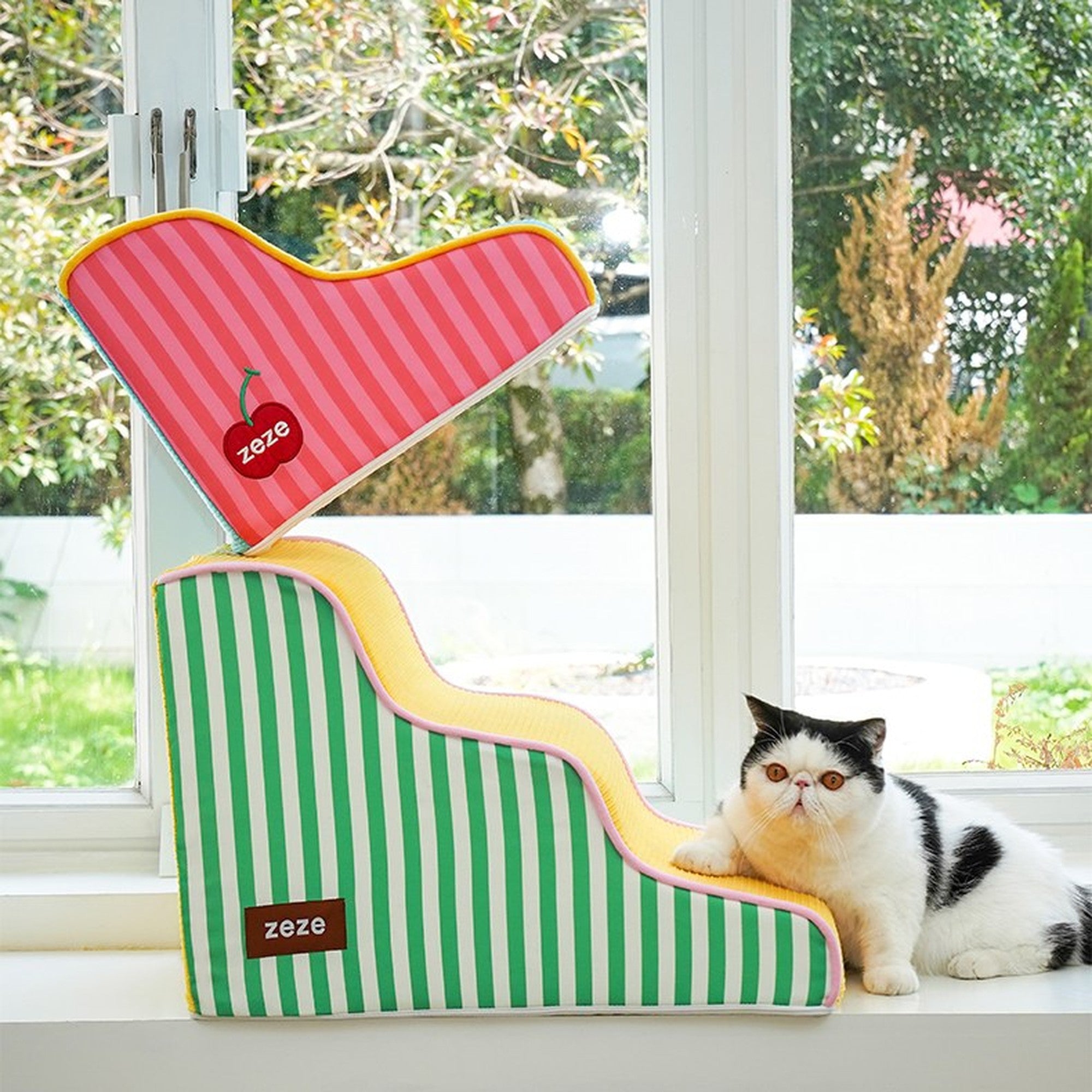 ZEZE Wave Pet Stairs - 3-Step, Green Stripe & Mango