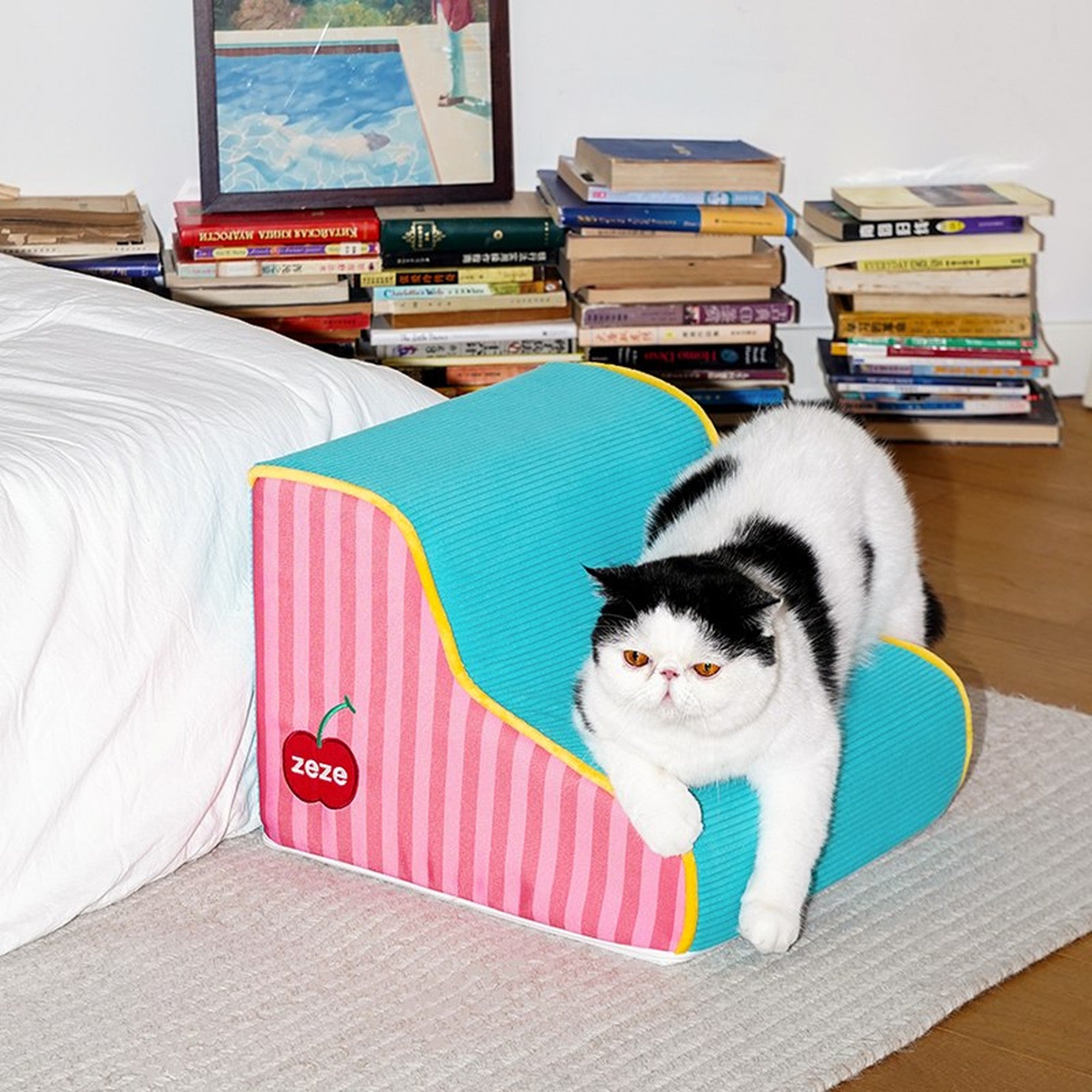 ZEZE Wave Pet Stairs - 2-Step, Pink Stripe & Aqua